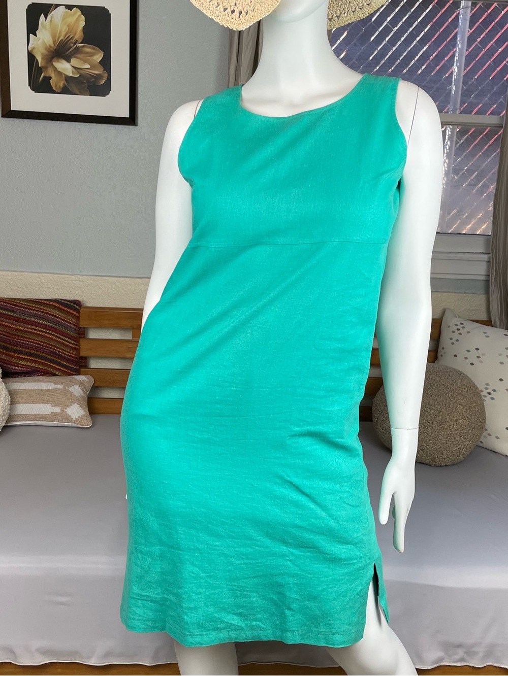 Positive Attitude Linen Blend Midi Shift Dress Womens 12P Green Sleeveless Lined